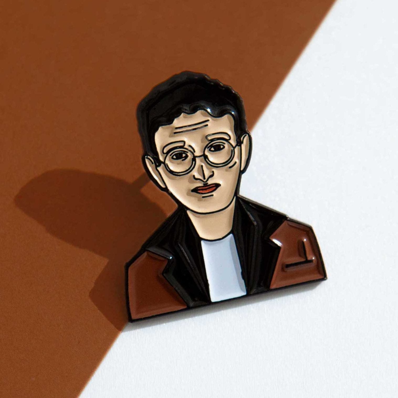 Roberto Bolaño enamel icon pin for independent bookstores and concept shop, illustration by Judy Kaufmann