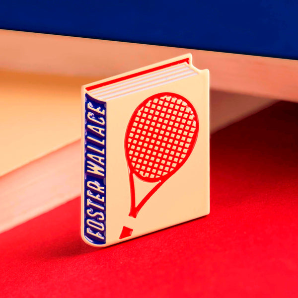 David Foster Wallace enamel book pin for independent bookstores, illustration by Judy Kaufmann