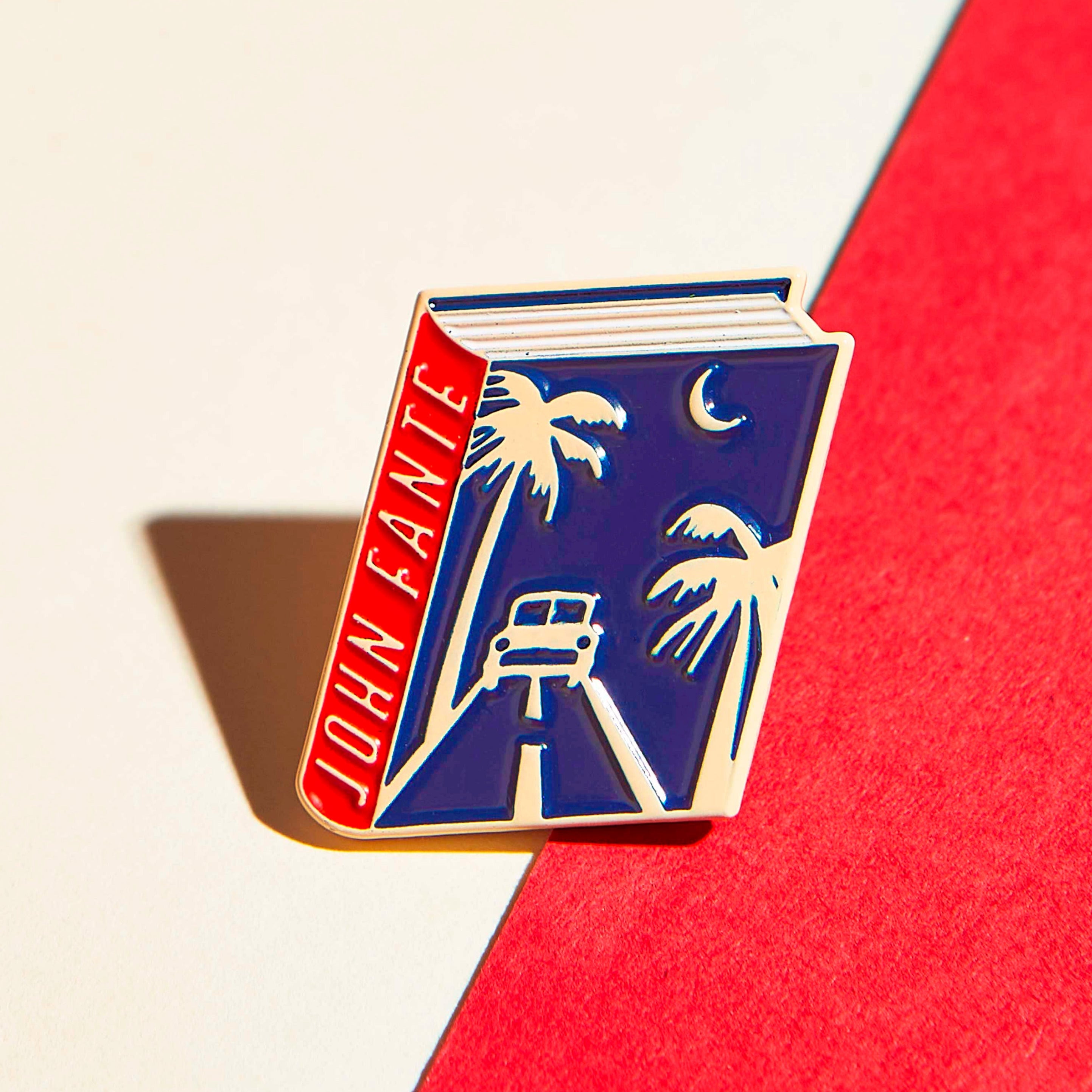 John Fante enamel book pin for independent bookstores, illustration by Judy Kaufmann