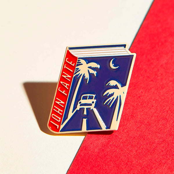 John Fante enamel book pin for independent bookstores, illustration by Judy Kaufmann