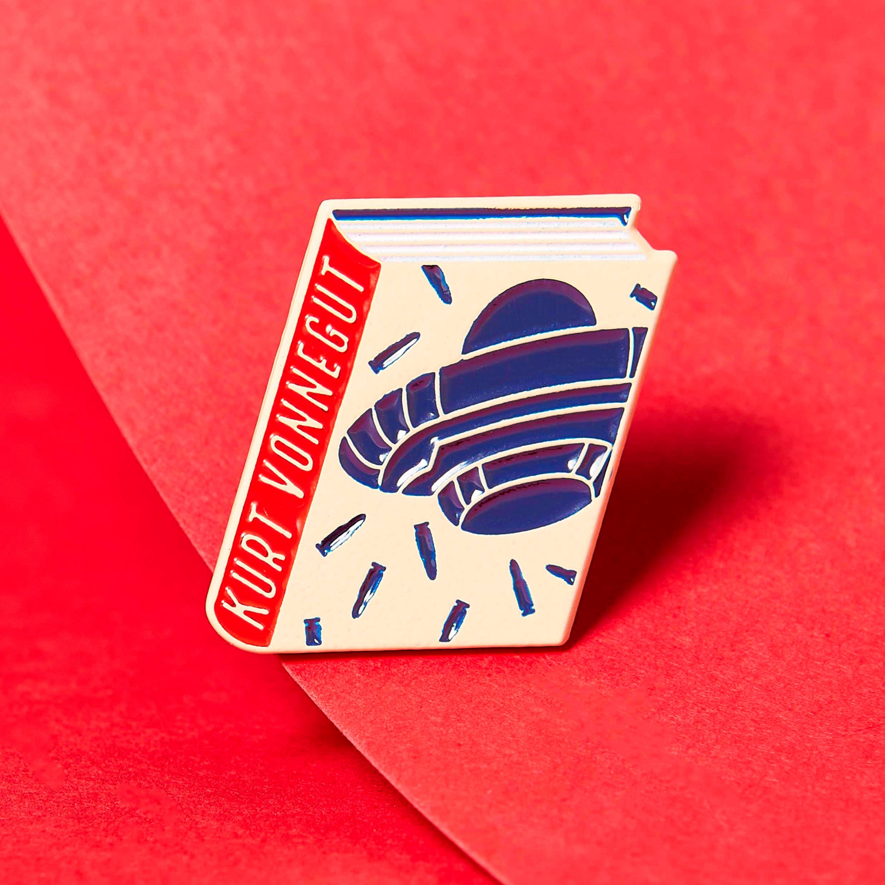 Kurt Vonnegut enamel book pin for independent bookstores, illustration by Judy Kaufmann