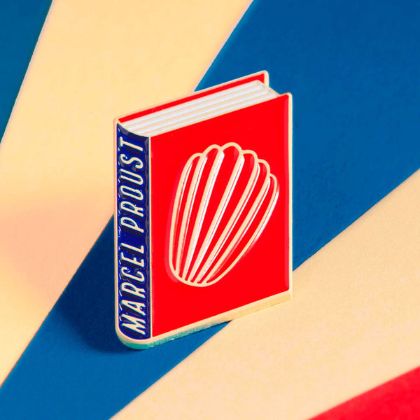 Marcel Proust enamel book pin for independent bookstores, illustration by Judy Kaufmann