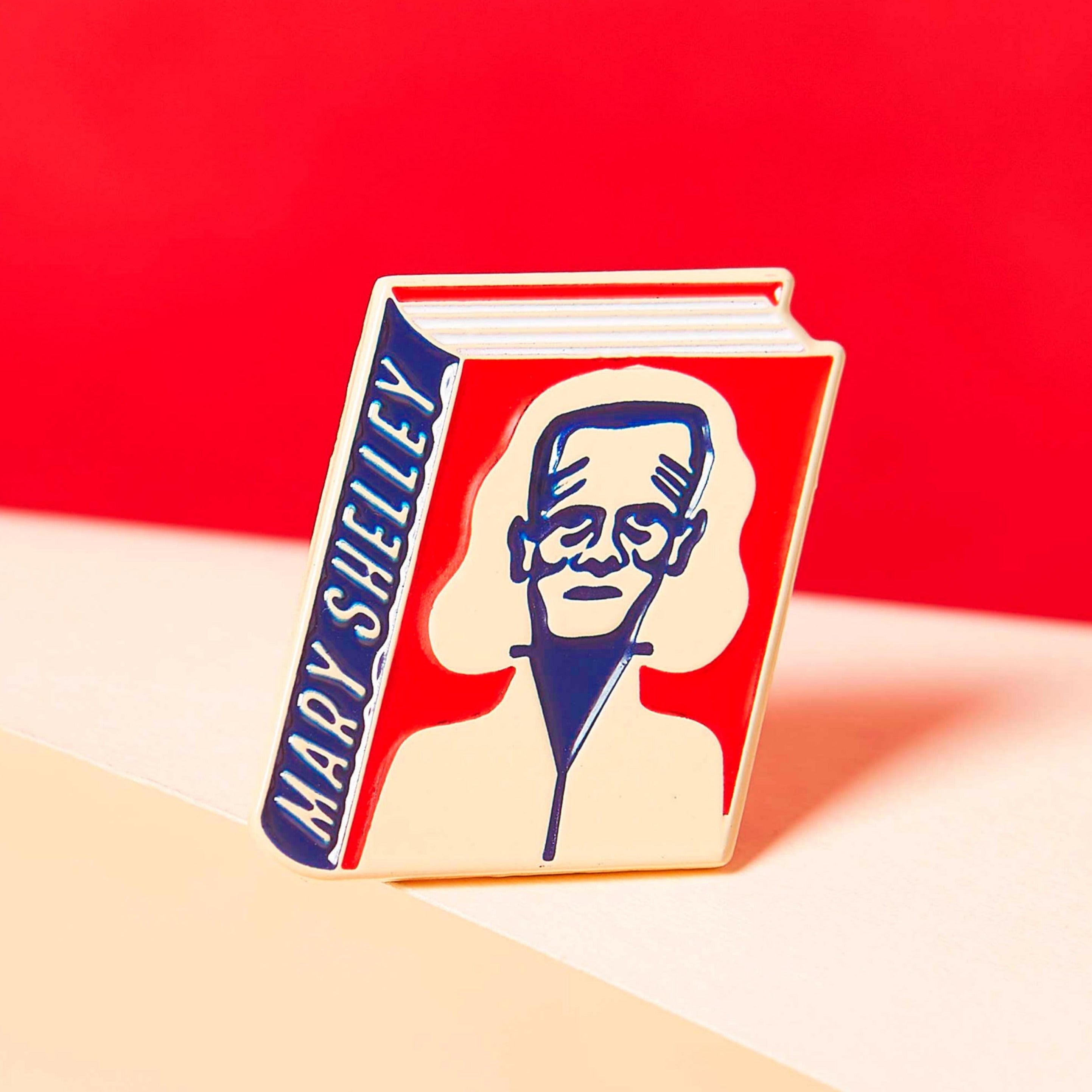 Mary Shelley enamel book pin for independent bookstores, illustration by Judy Kaufmann