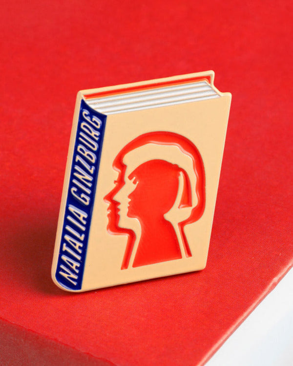 Natalia Ginzburg enamel book pin for independent bookstores, illustration by Judy Kaufmann