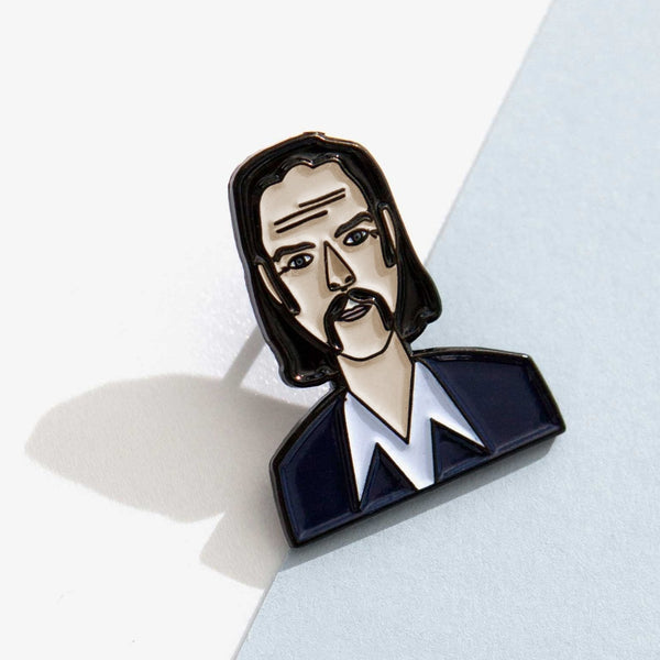 Nick Cave enamel icon pin for independent bookstores and concept shop, illustration by Judy Kaufmann