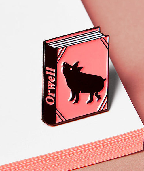 Orwell enamel book pin for independent bookstores and concept shops, illustration by Judy Kaufmann