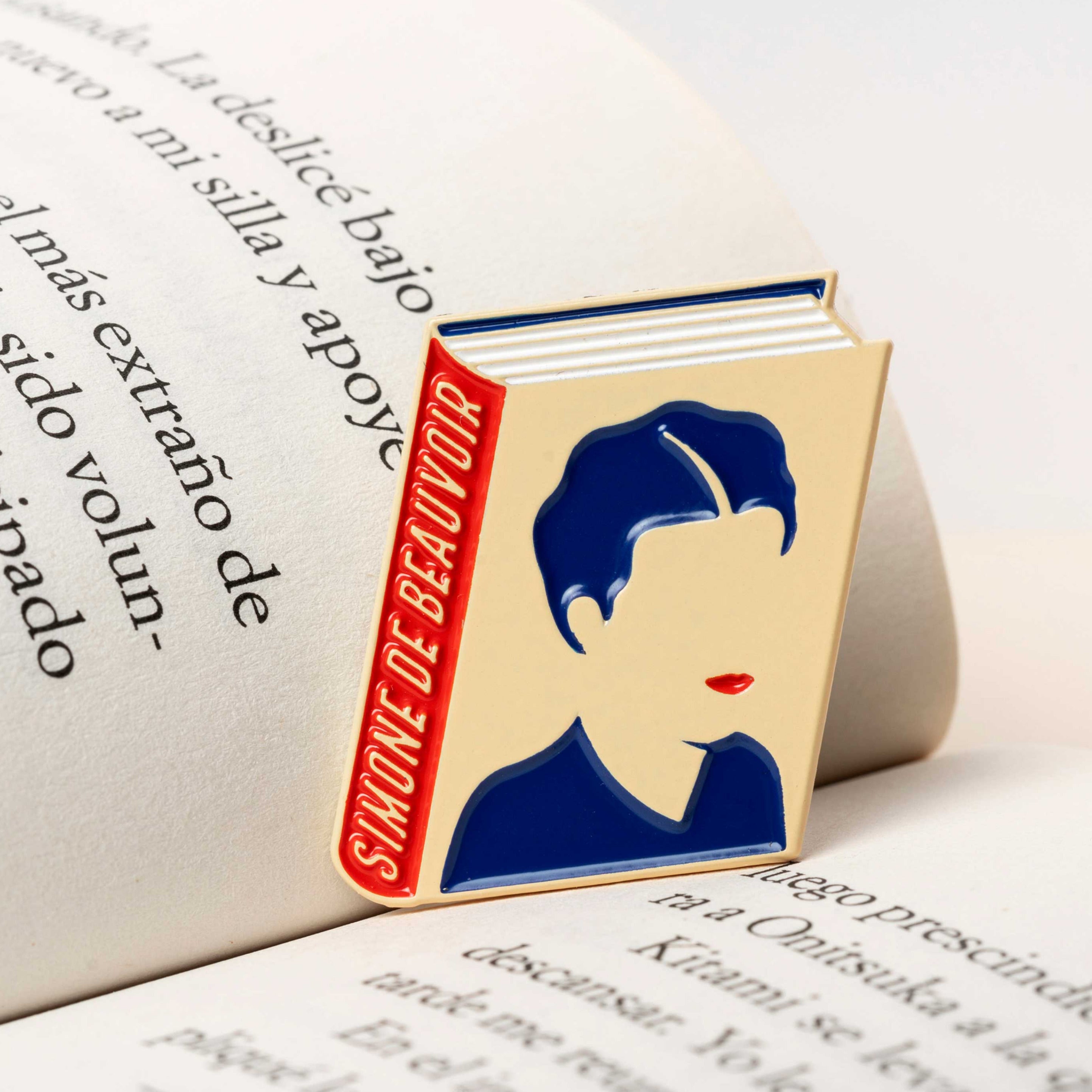 Simone de Beauvoir enamel book pin for independent bookstores, illustration by Judy Kaufmann