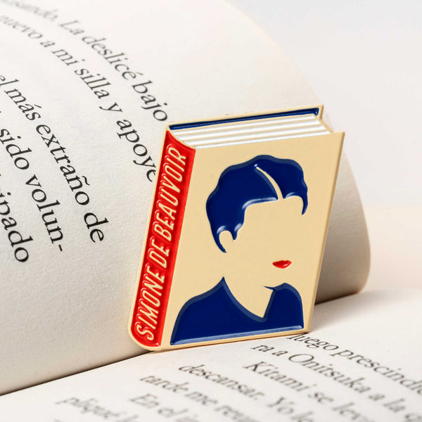 Simone de Beauvoir enamel book pin for independent bookstores, illustration by Judy Kaufmann