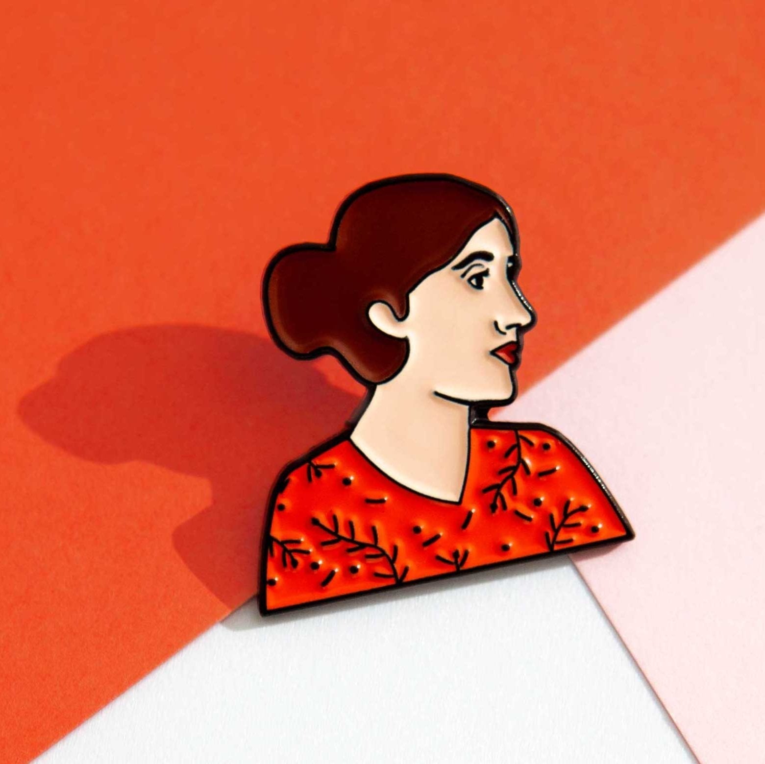 Virginia Woolf enamel icon pin for independent bookstores and concept shop, illustration by Judy Kaufmann