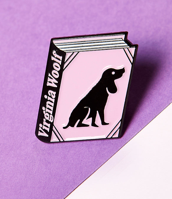 Virginia Woolf Flush enamel book pin for independent bookstores and concept shops, illustration by Judy Kaufmann
