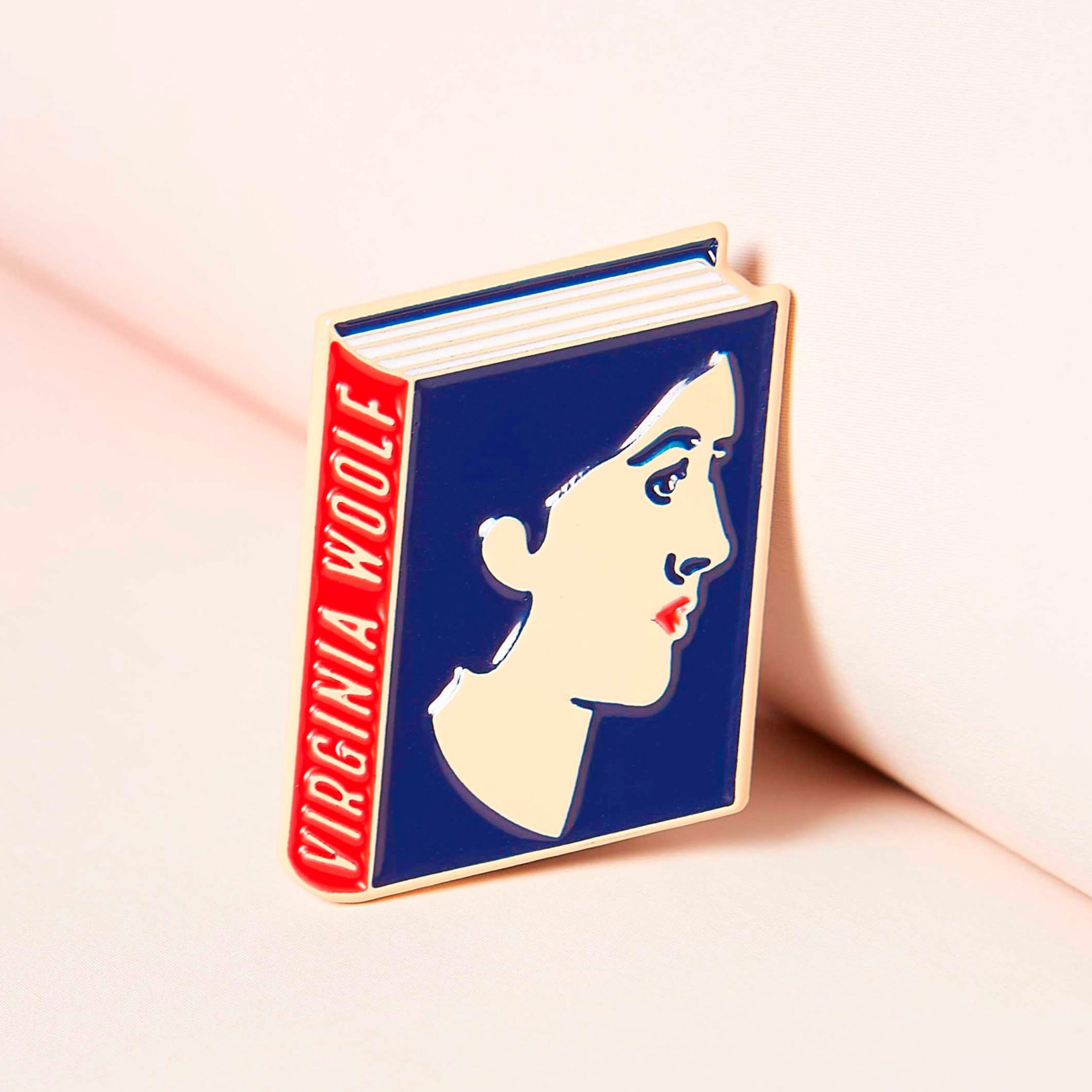 Virginia Woolf enamel book pin for independent bookstores, illustration by Judy Kaufmann